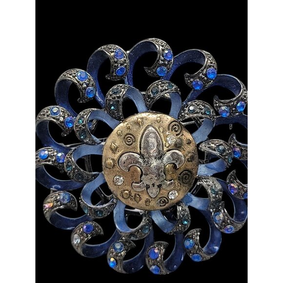 Fleur De Lis Swirl Brooch Royal Blue Gun Metal Gray Rhinestone Sparkle - Picture 6 of 15